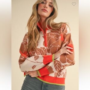 Floral Patterned Sweater - Red and Brown